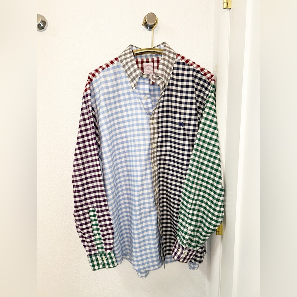 BROOKS BROTHERS The Gingham Colorblock 💯 Cotton Button Down Shirt SZ: Large